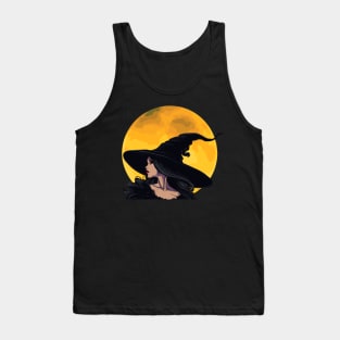 Black witch with yellow moon Halloween Tank Top